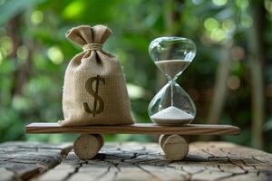 Money Bag and Hourglass Balanced on a Wooden Seesaw photo