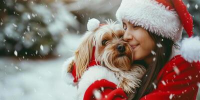 Winter Warmth Woman Cuddling Her Dog in Falling Snow photo