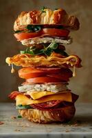 Tower of Flavor Stacked Croissant Sandwich with Oozing Cheeses and Deli Meats photo