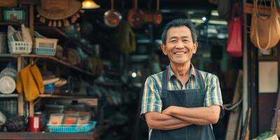 sonriente asiático tendero en pie con orgullo en tradicional mercado foto