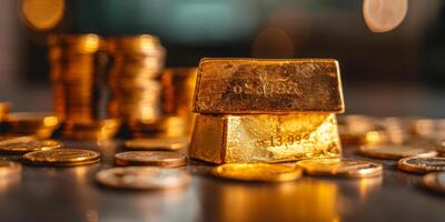 Glistening Gold Bar Among Stacks of Coins on Shimmering Background photo