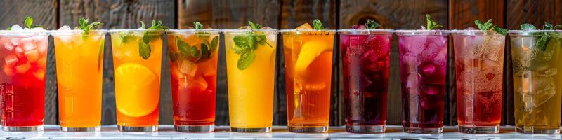 vistoso surtido de refrescante verano bebidas en un fila foto