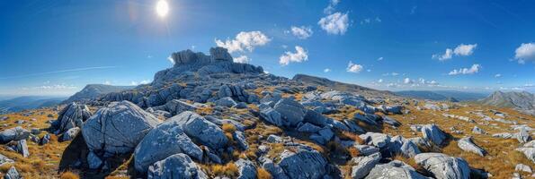 Majestic Mountain Panorama with Clear Blue Sky and Rocky Terrain photo