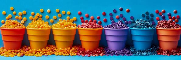 Colorful Plastic Pellets in Buckets on a Blue Background photo