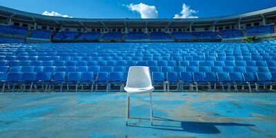 Solitary White Chair in an Empty Stadium Under Clear Blue Sky photo