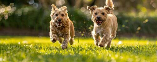 Joyful Dogs Running in Sunlit Grass Field photo