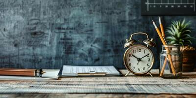 Vintage Desk Workspace with Alarm Clock, Notebook, and Pencil photo