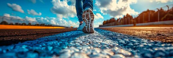 Dynamic Low-Angle View of Runner's Shoes on Athletic Track photo