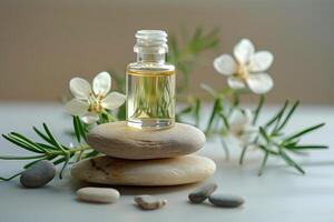 Serene Spa Setting with Essential Oil and White Blossoms photo