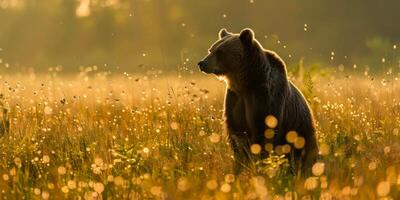 majestuoso marrón oso en iluminado por el sol flor silvestre prado a oscuridad foto