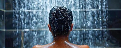 Relaxing Shower Experience with Water Flowing Over Woman photo