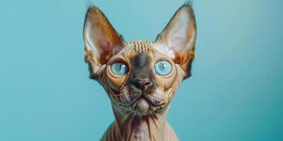 Sphinx Cat with Startling Blue Eyes on Teal Backgroun photo