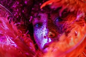 Mystical Portrait of a Woman Surrounded by Vibrant Feather photo