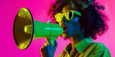 Vivid Woman Shouting into Megaphone on Neon Pink Background photo