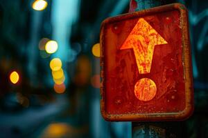 Urban Directional Arrow Sign with Vibrant Bokeh Lights photo