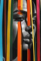 Abstract Art of Woman's Face Behind Colorful Striped Veil photo