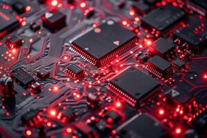 Red Illuminated Circuit Board with Electronic Components photo