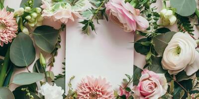 floral marco con elegante flores y verdor para invitaciones foto