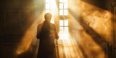 Silhouette in Sunbeams - A Mystical Figure Amidst Light Rays photo