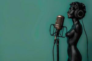 Elegant Black Mannequin with Headphones Singing into Vintage Microphone on Teal Background photo