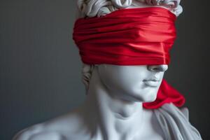 Iconic Classical Sculpture Blindfolded with Vivid Red Cloth photo