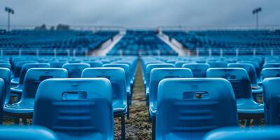 Empty Blue Stadium Seats with Rainy Atmosphere photo