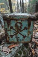 Rusty Metal Container with Skull Symbol in Autumn Forest Setting photo