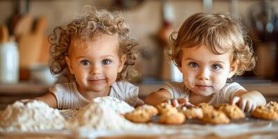 Adorable Curly-Haired Toddlers Enjoying Homemade Cookies photo