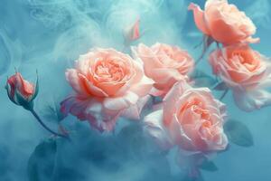 etéreo rosas en niebla un de ensueño floral sinfonía en suave tonos foto