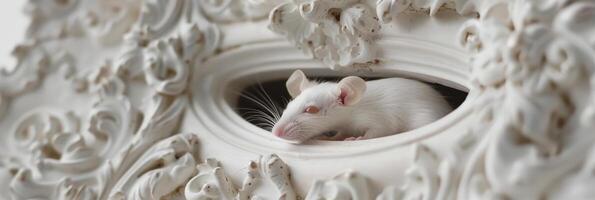 Hidden Observer White Mouse Peeking from an Ornate Frame photo