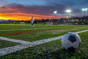 un de cerca de un fútbol pelota en el campo con jugadores y estadio luces en el fondo, debajo un espectacular crepúsculo cielo foto