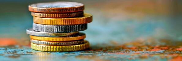 Stacked Coins in Varying Currencies with Rustic Patina photo