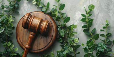 A wooden gavel sits on a wooden base photo