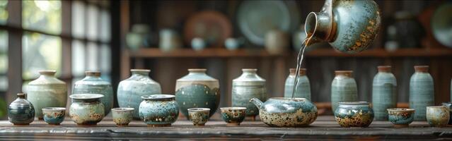 Traditional Tea Ceremony Setup with Handcrafted Pottery Collection photo