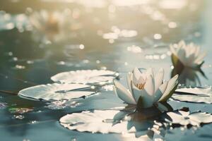 Water Lilies Basking in Sunlit Pond Reflections photo