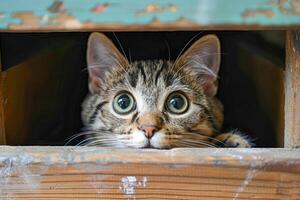 Curious Cat Peeking from Wooden Box photo