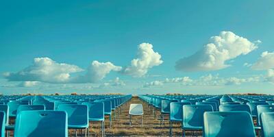 Lone White Chair in a Sea of Blue Seats Under Open Sky photo