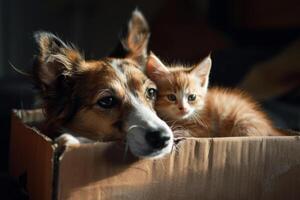 adorable perro y gatito echar un vistazo desde un cartulina caja juntos foto