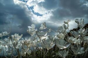 un campo de flores con un nublado cielo en el antecedentes foto