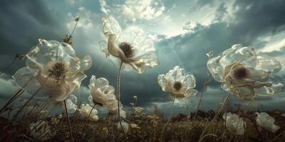 un campo de flores con un nublado cielo en el antecedentes foto