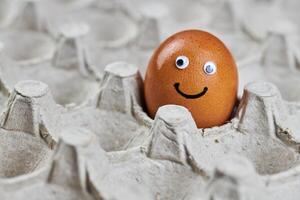 divertida cara de huevo de gallina de Pascua en bandeja de huevos de papel foto