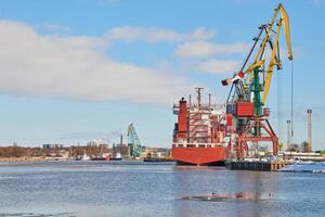 Moored ships and harbor cranes in port photo