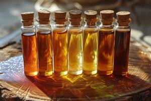 A row of glass bottles with different colored liquids inside photo