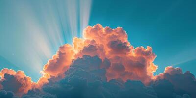 A large cloud of pink and white clouds with a bright sun shining through them photo