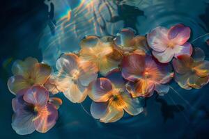 Sunset Glow on Water's Surface with Floating Hydrangeas photo