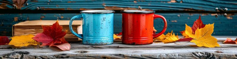 Autumn Ambiance with Vintage Enamel Mugs and Colorful Leaves photo