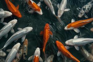 Serene Koi Pond Teeming with Graceful Fish Amid Ripples photo