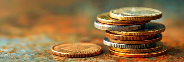 Macro Detail of Stacked Coins on Rustic Textured Surface photo