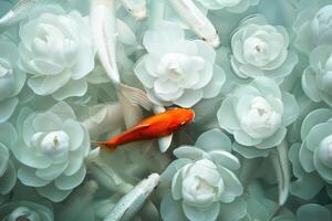 Zen Garden Koi Fish Swimming Among Aquatic Flowers photo