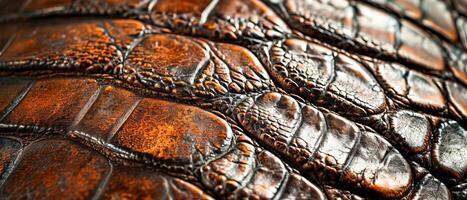 A close up of a brown leather item with a pattern of scales photo